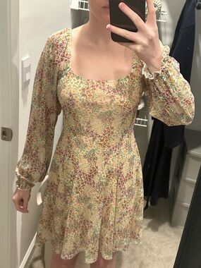 Floral Square-Neck Long Sleeve Mini Dress - Yellow Floral